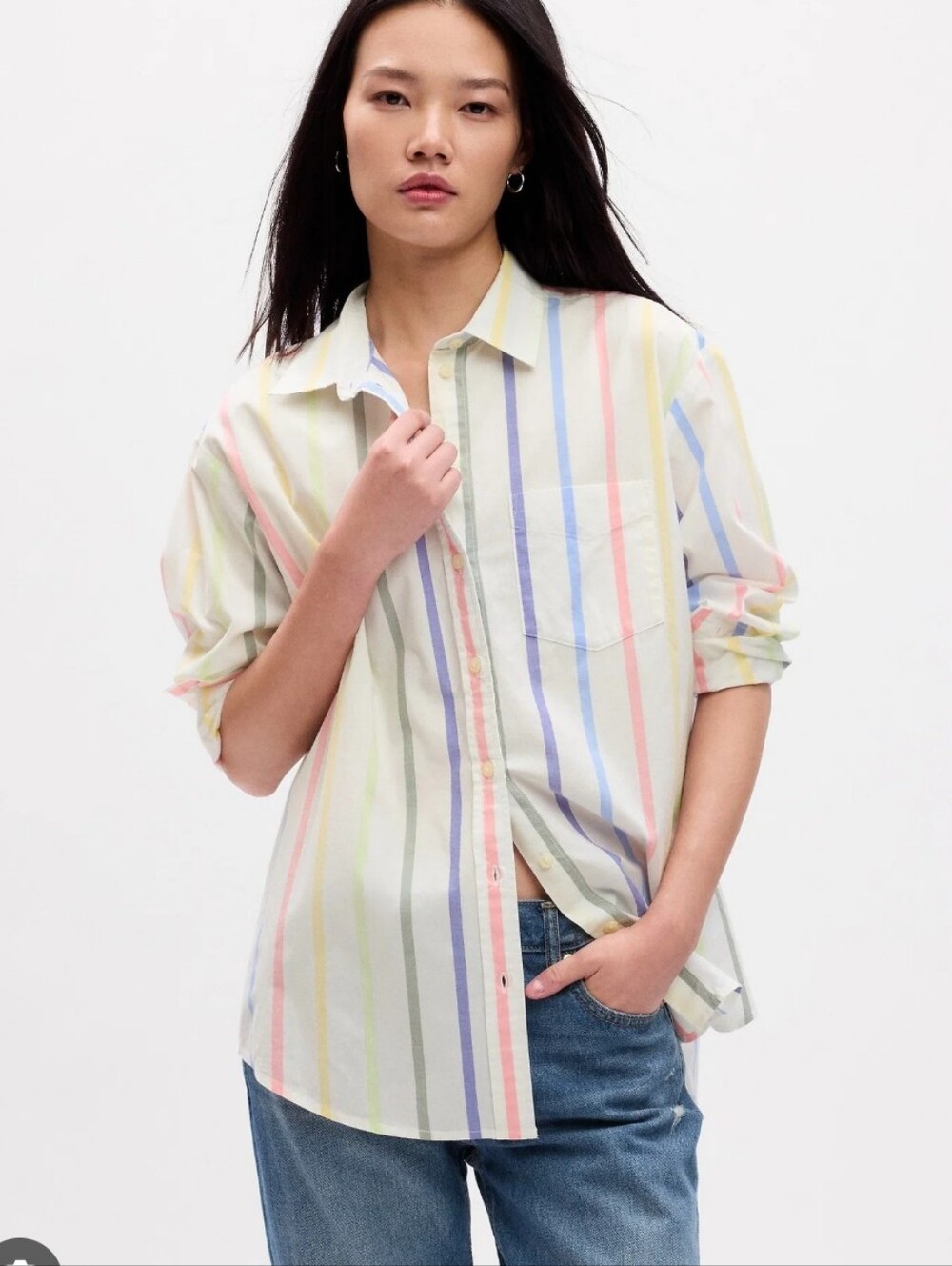 GAP Oversize White Button-Up Shirt with Multicolor Pastel Stripes